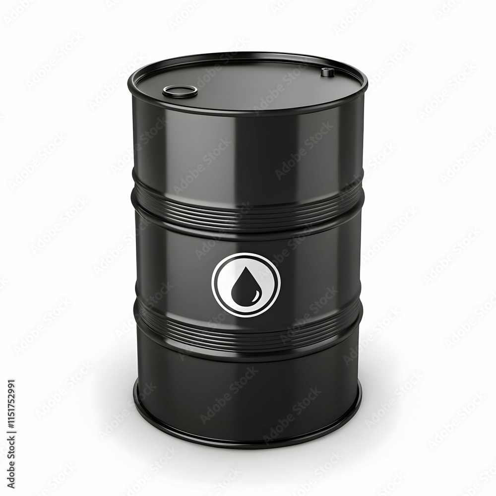 A black steel barrel of oil with a simple, glossy finish, reflecting A black steel barrel of oil with a simple, glossy finish, reflecting