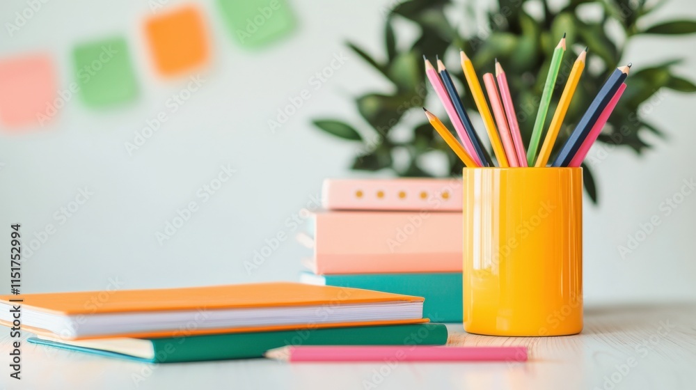 Fototapeta premium A vibrant workspace featuring colorful notebooks and pencils in a bright container, creating an inviting atmosphere for creativity.