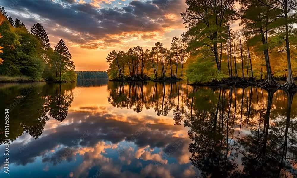 Sunlit Forest Reflected in Calm Lake
Sunlit Forest Reflected in Calm Lake