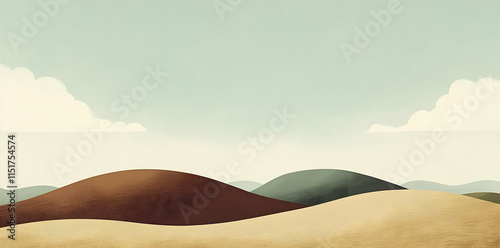 A minimalist landscape featuring rolling hills in soft colors under a light sky.