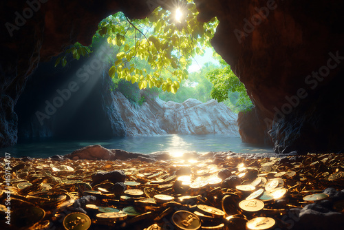 Sunlit Cave Unveiling a Hidden Treasure Trove by a Serene River photo