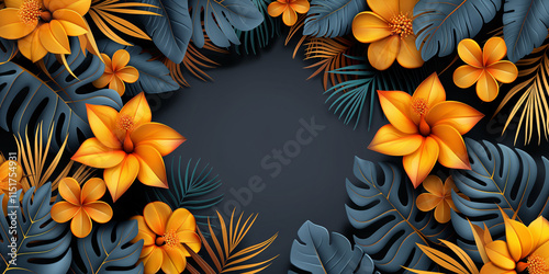 Bright floral background, yellow flowers on blue background, copy space