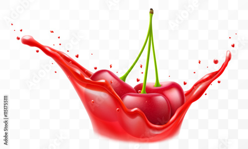 Fresh ripe cherries falls into a splash of juice, isolated on transparent background. Realistic 3d vector illustration. Summer vitamin food and drink. Cherry berry smoothie splash