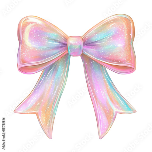 Iridescent pastel bow with glittery texture, isolated on transparency background