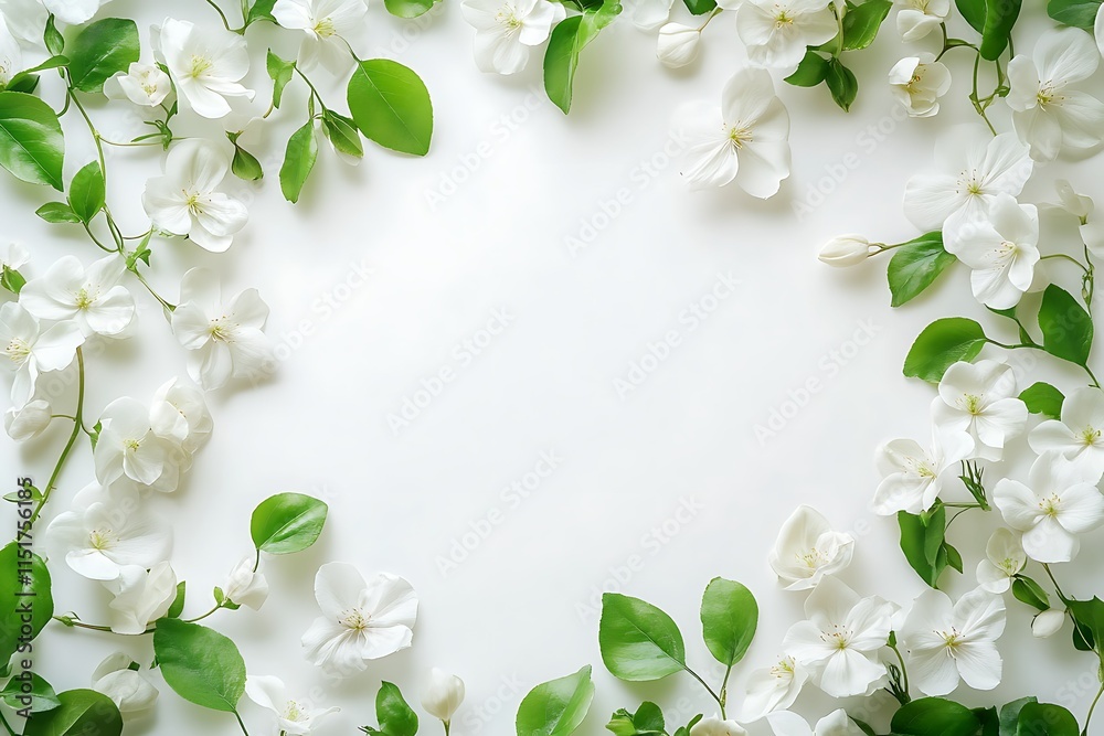 White flowers and green leaves frame on white background. (2) White flowers and green leaves frame on white background. (2)