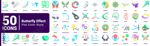 Butterfly Effect 50 icon set in flat color style
