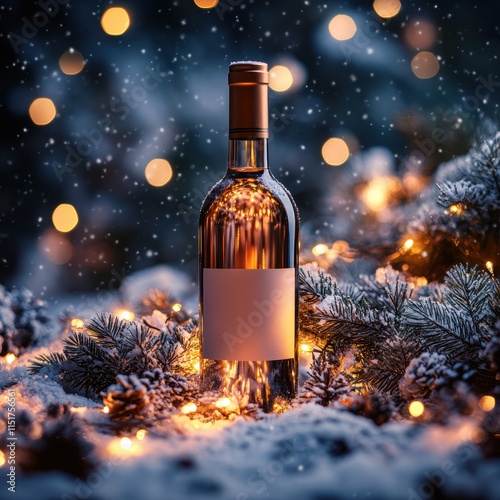 Celebratory wine bottle winter forest product photography snowy landscape close-up holiday spirit photo