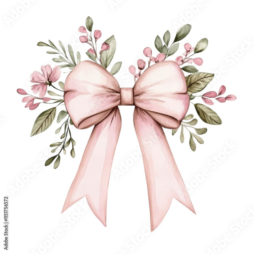 Pink bow with floral accents in watercolor style, featuring delicate leaves and blossoms