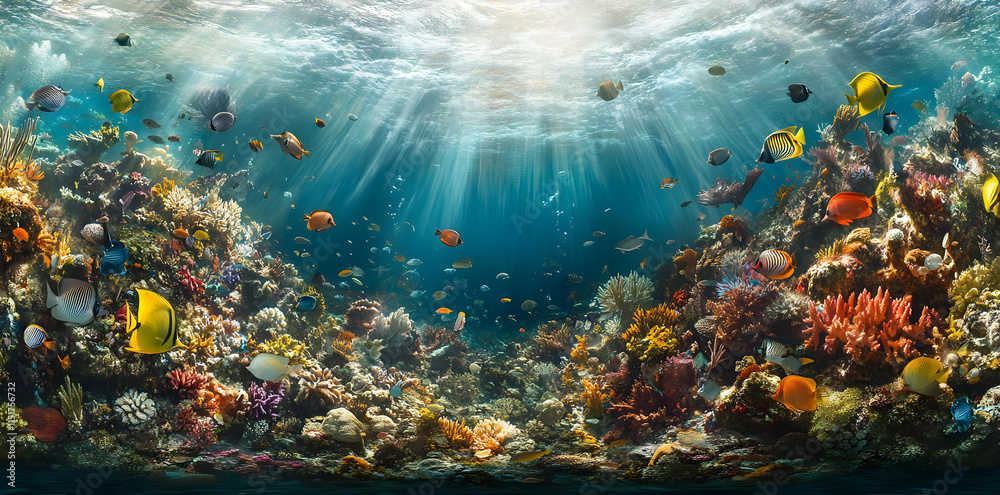 Naklejka premium Vibrant underwater scene showcasing diverse coral reefs and colorful fish.