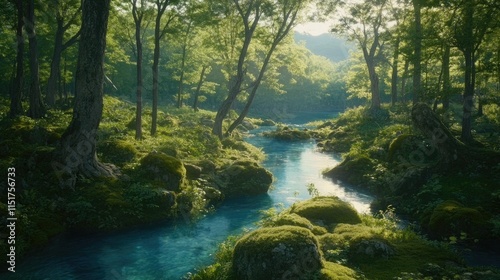 Crystal-clear stream flowing through a spring forest, mossy rocks and fresh greenery under dappled sunlight