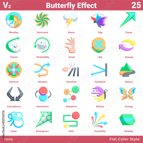 Butterfly Effect 25 icon bundle in flat color style