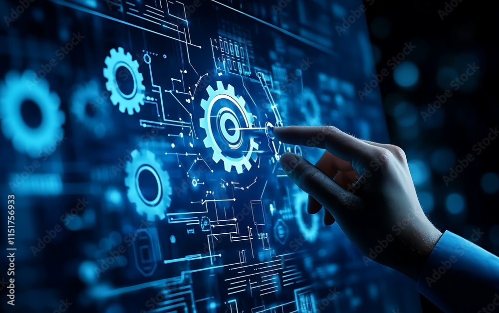 Hand interacting with a digital interface showing interconnected gears, representing automation, technology, and system management. Hand interacting with a digital interface showing interconnected gears, representing automation, technology, and system management.
