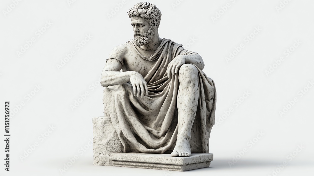 A marble statue of a man in a toga seated on a throne. A marble statue of a man in a toga seated on a throne.