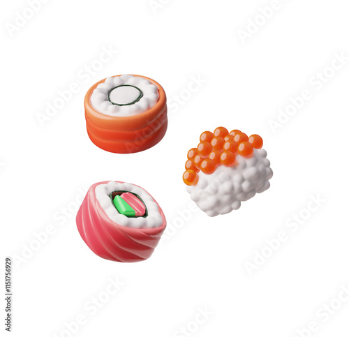 3D sushi and roll with salmon tuna and red caviar, traditional Asian dish with red fish, rice and nori render vector set