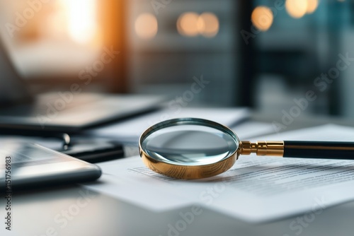 Business document approval under magnifying glass in office setting