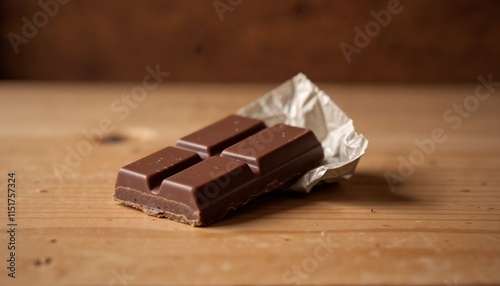 Delicious chocolate bar unwrapped on wooden table