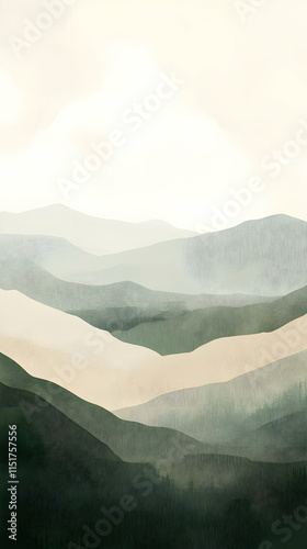 A serene landscape featuring layered mountains in soft, muted colors.