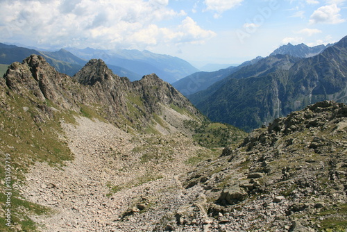 rocky pass in the mountains cloudy sky