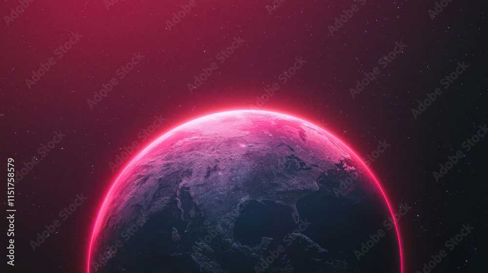 Obraz premium A glowing planet against a dark background, surrounded by stars, emitting a vibrant pink aura, suggesting a cosmic or futuristic theme.