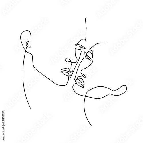 Couple in Continuous Line Art Drawing Style. Woman and Man Portrait Line Art Vector Illustration. Happy Lovers Head Black Linear Sketch Isolated on White background