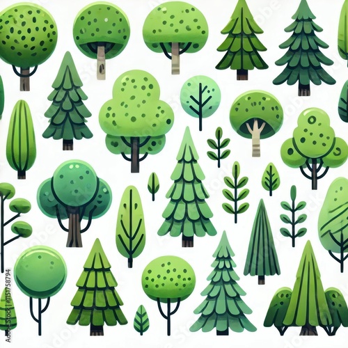 Collection of trees isolated on white background. 
Cartoon trees set isolated on a white background. Simple modern style. Cute green plants, forest, vector flat	
Flat style vector illustration.