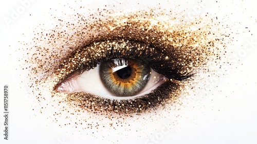 Close-up of a hazel eye with gold glitter makeup.
