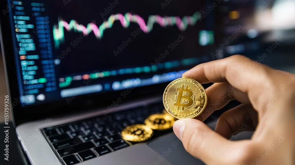 Fototapeta premium Person Analyzing Data on Laptop with Bitcoin and Cryptocurrency Chart Displayed