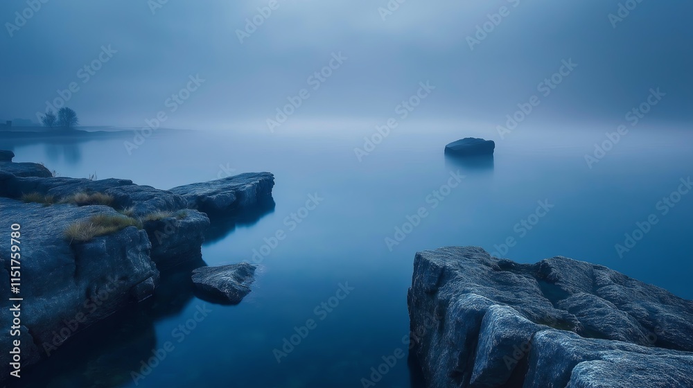 In the early morning, the calm waters of the tranquil lake perfectly mirror the misty skies above, creating a serene atmosphere along the peaceful shoreline In the early morning, the calm waters of the tranquil lake perfectly mirror the misty skies above, creating a serene atmosphere along the peaceful shoreline