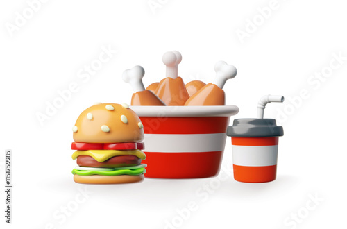 Vector 3d illustration with burger, chicken legs in bucket and glass of soda. Fast food.