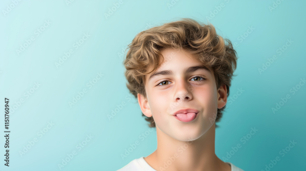 Playful teenager making a funny face against a teal background Playful teenager making a funny face against a teal background
