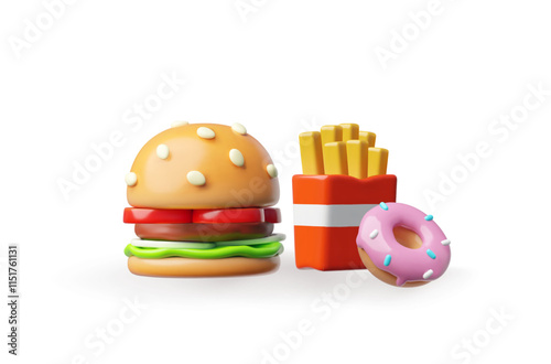 3D icons fast food: hamburger with a sesame bun, French fries and a sweet donut.