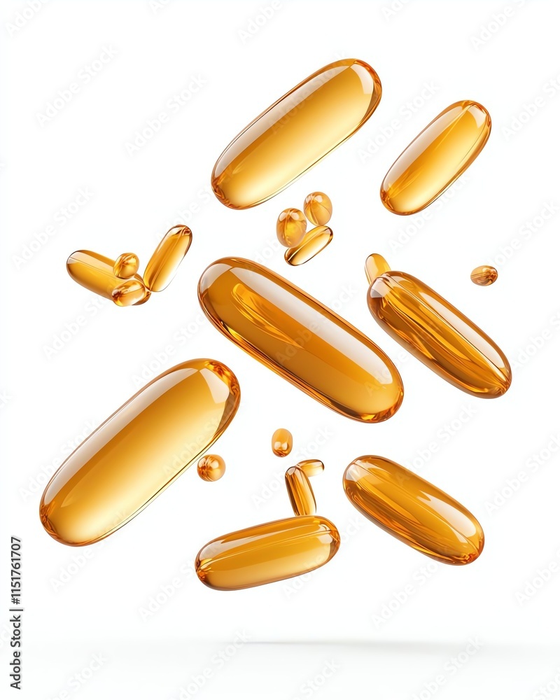 Shiny orange gel capsules floating against a pristine white background, showcasing their translucent quality and smooth texture. Shiny orange gel capsules floating against a pristine white background, showcasing their translucent quality and smooth texture.