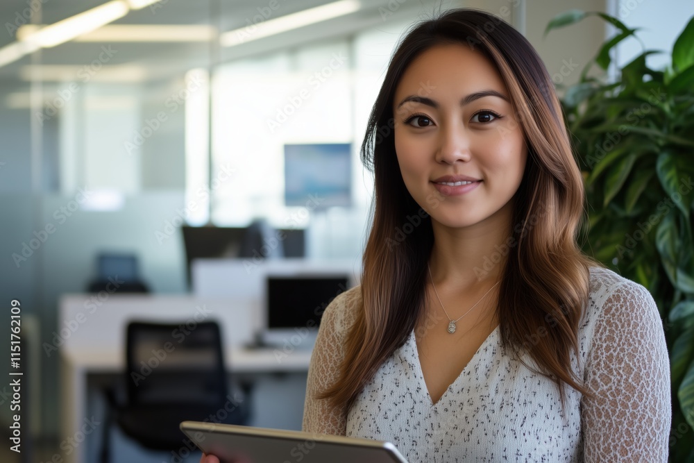Obraz premium A young businesswoman stands in an office with a tablet in her hands