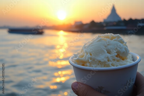 Savoring laotian coconut ice cream at sunset riverside temple spire culinary delight tranquil waters unique experience