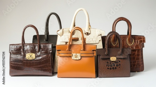 Collection of luxury leather handbags in various colors and sizes.