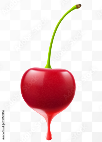 Fresh cherry juice dripping from half of cherry berry, isolated on transparent background. Ripe cherry with fresh juice. Bright summer design. Realistic 3d vector illustration