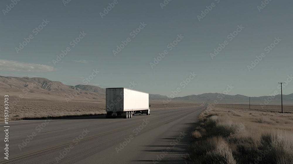 Long stretch of highway with a freight truck traveling through a barren landscape in the afternoon light Long stretch of highway with a freight truck traveling through a barren landscape in the afternoon light
