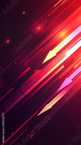 Red background, arrow-shaped light rays, flat illustration style, simple design, minimal details, flat vector graphics