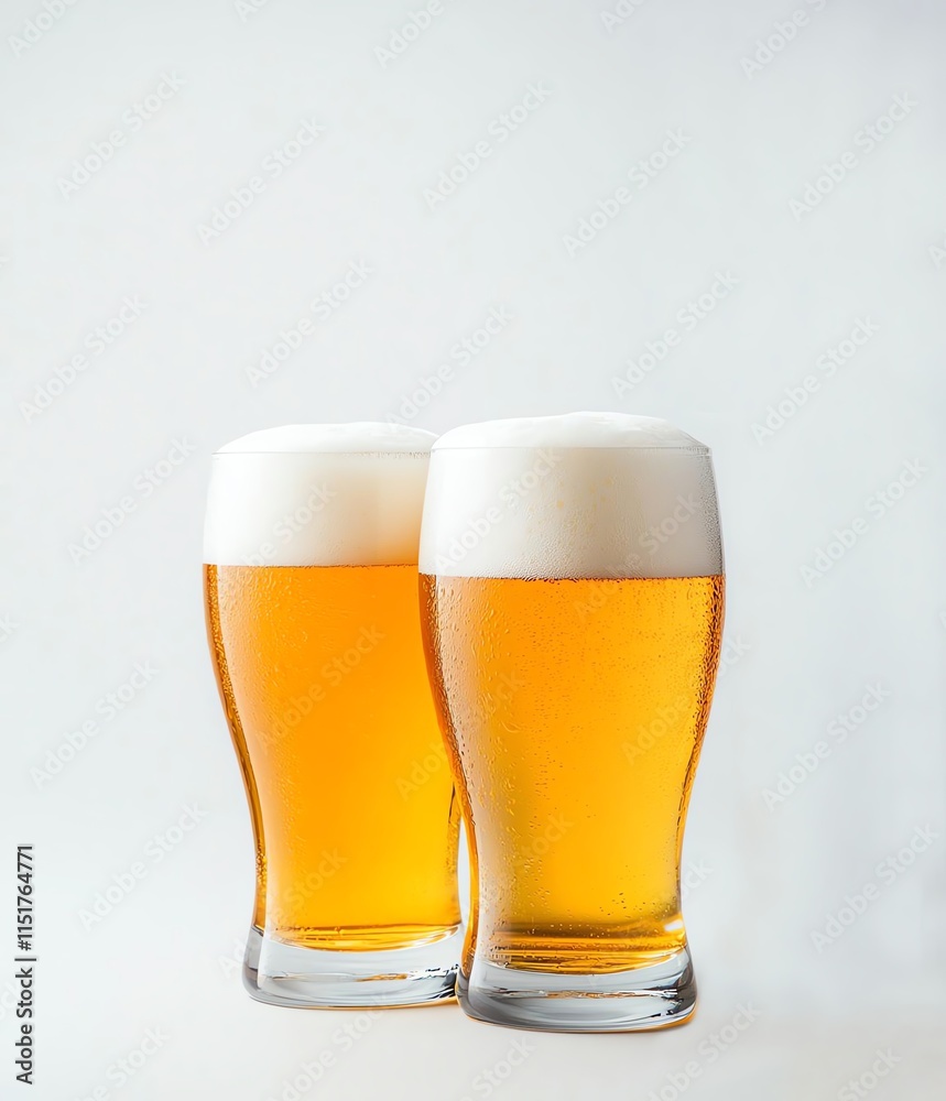 Two frosty glasses of amber beer with generous foam heads, isolated on a white background, highlighting their refreshing texture and appeal. Two frosty glasses of amber beer with generous foam heads, isolated on a white background, highlighting their refreshing texture and appeal.