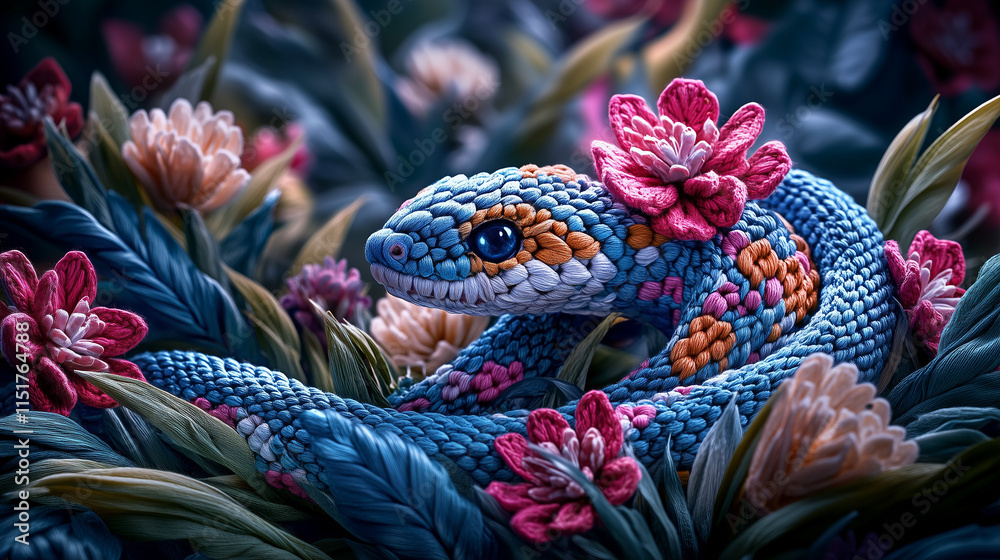 Fototapeta premium Knitted snake symbol of 2025, vibrant mood, nestled among colorful flowers and leaves