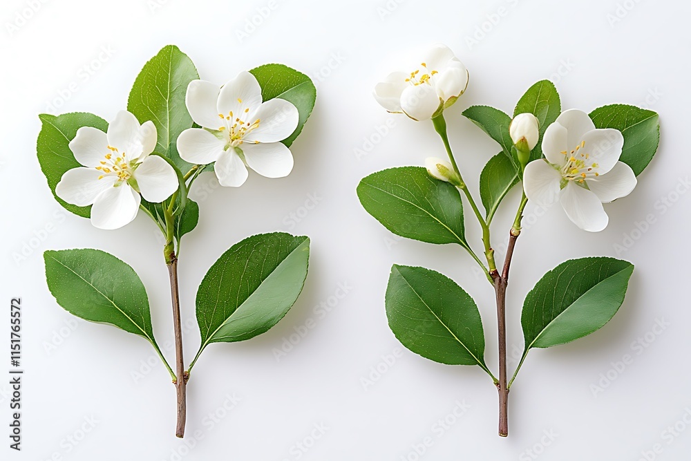 Fototapeta premium Two sprigs of delicate white flowers with green leaves, arranged symmetrically on a white background.