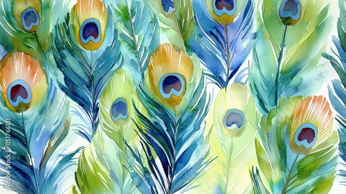 Watercolor painting of vibrant peacock feathers