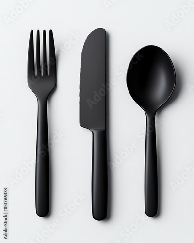 A minimalist composition featuring a black fork, knife, and spoon arranged artistically on a light background, perfect for modern dining concepts and culinary presentations. photo