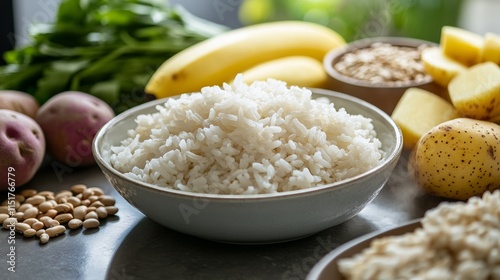 An ultra-realistic, high-definition close-up photograph of foods rich in resistant starch