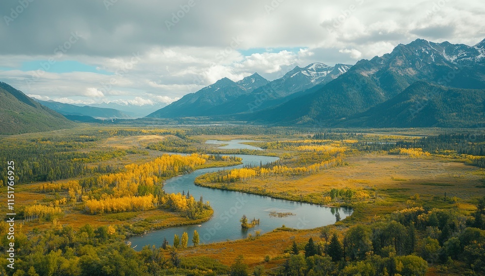Fototapeta premium Autumnal River Valley Scenic Mountain Landscape