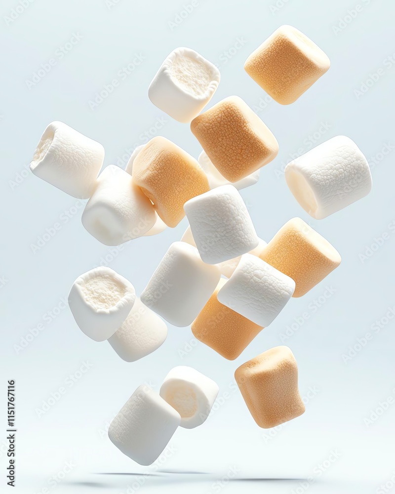 A collection of light and fluffy marshmallows floats against a cool blue background, showcasing a delightful mix of soft colors and textures, perfect for a sweet treat or dessert d A collection of light and fluffy marshmallows floats against a cool blue background, showcasing a delightful mix of soft colors and textures, perfect for a sweet treat or dessert d