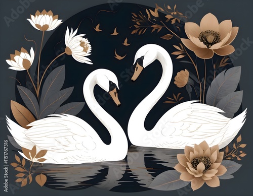 Fototapeta Naklejka Na Ścianę i Meble -  A couple of swans in love swimming on a lake, surrounded by water lilies and other aquatic plants. A drawing in warm shades of gray, brown and bronze.