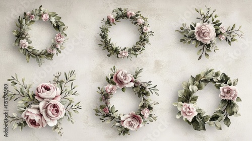 Floral wreaths and bouquets; dusty rose and green
