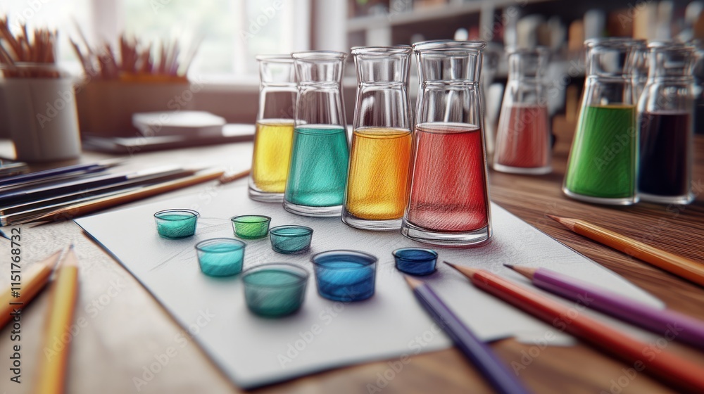 Colorful liquids in glass beakers on a desk with pencils and paper. Colorful liquids in glass beakers on a desk with pencils and paper.
