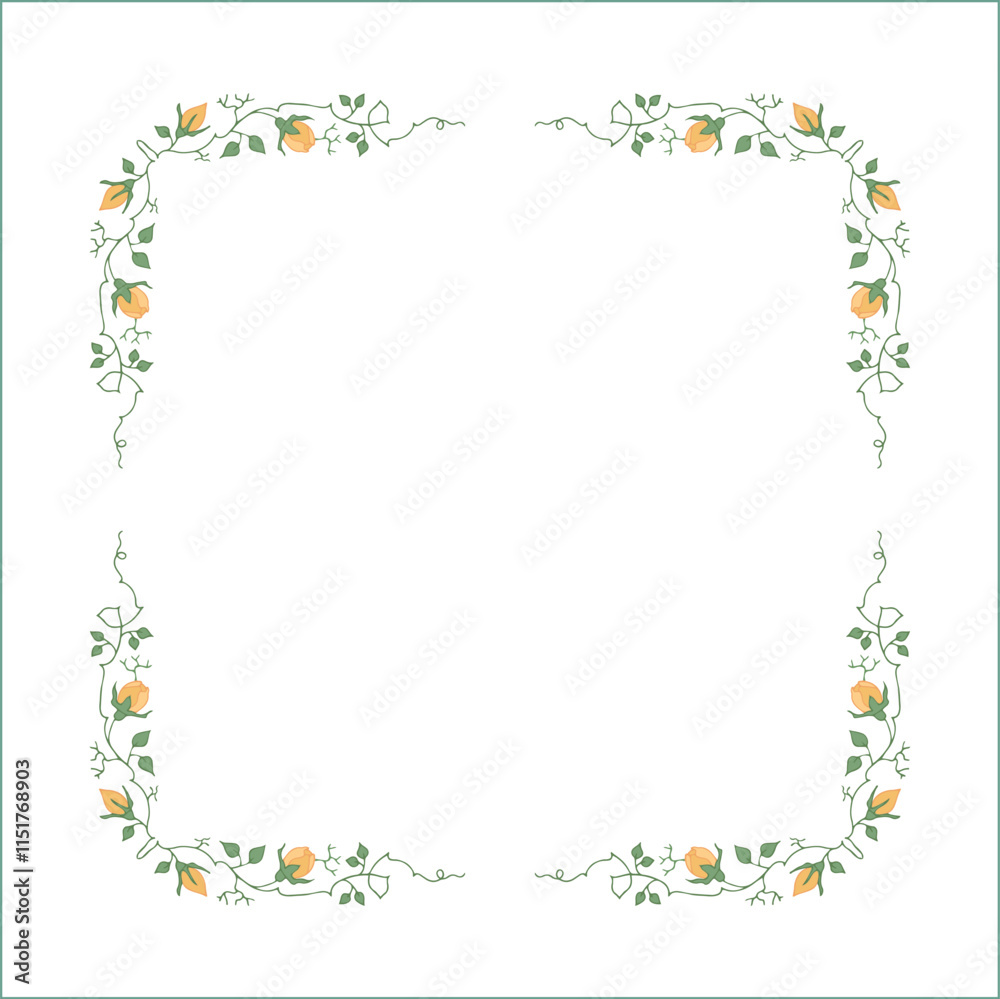 Green vegetal frame with yellow rose flowers, rose thorns, climbing, decorative corners for greeting cards, banners, business cards, invitations, menus. Isolated vector illustration.
Green vegetal frame with yellow rose flowers, rose thorns, climbing, decorative corners for greeting cards, banners, business cards, invitations, menus. Isolated vector illustration.